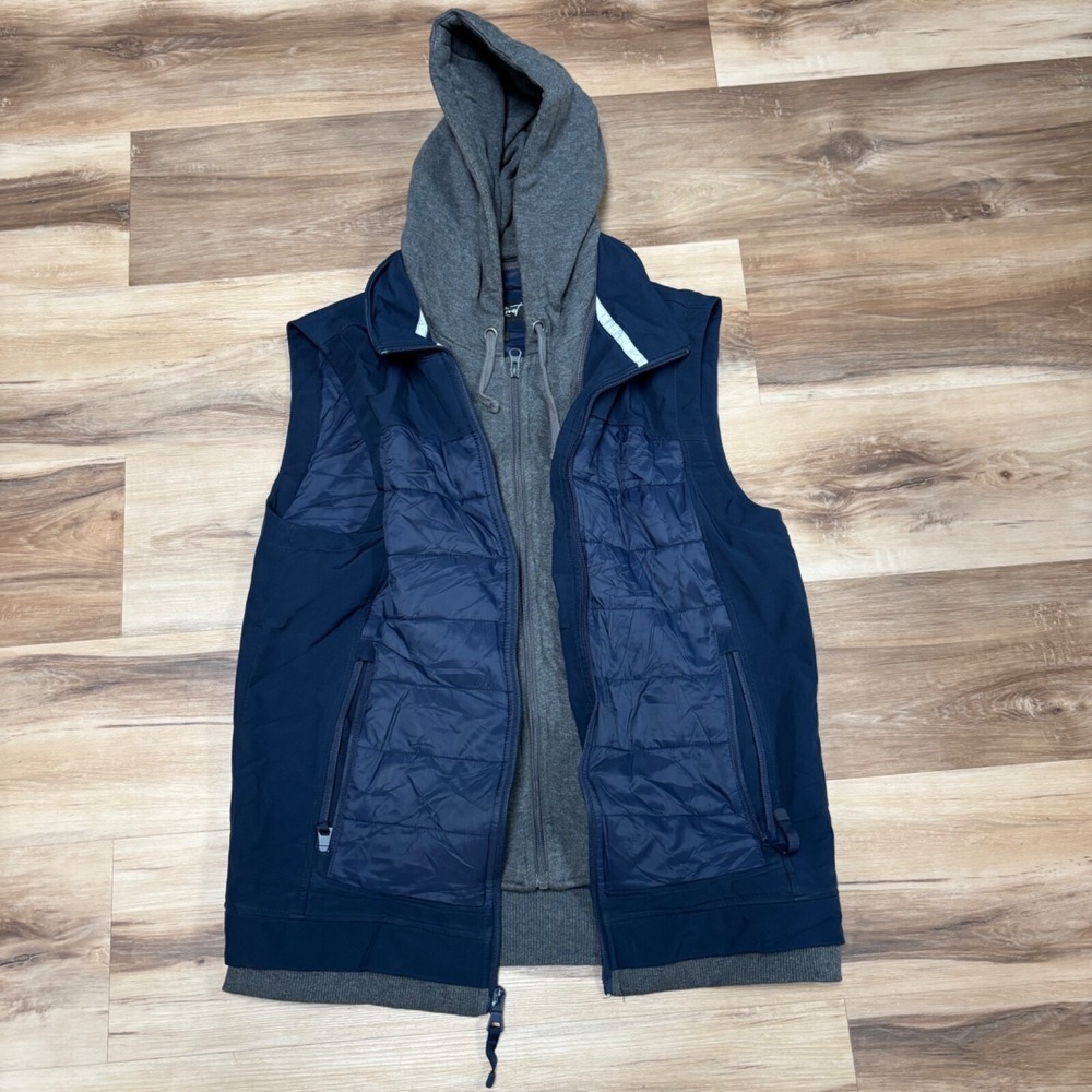 Black Rivet Hybrid Hooded Vest Size S Quilted Layered Puffer Navy Grey 80JLK6051